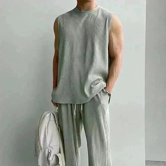 Light Grey Casual Mens Solid Tank Top & Drawstring Waist Pants - Picture 1 of 6